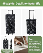 Foldable Rolling Bag, Portable Small Shopping Cart with Wheels, Collapsible Shopping Tote with Stylish Pattern for Market & Grocery Runs–Gift for Women & Seniors, Pro L, Black
