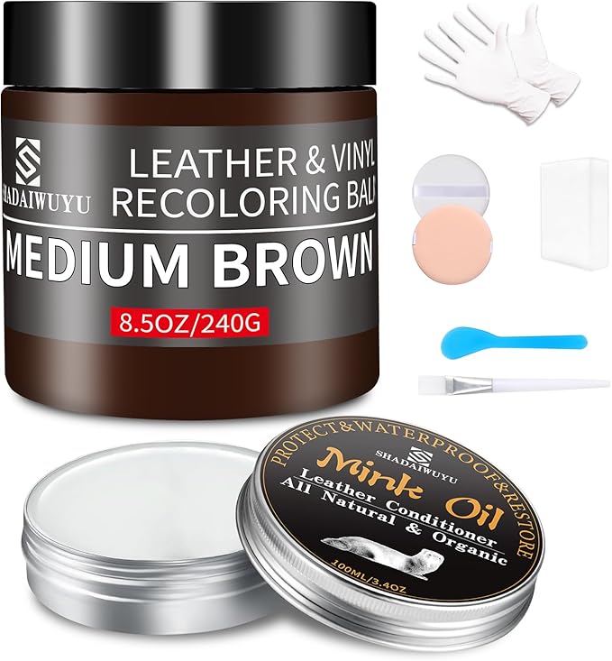 SHADAIWUYU 8.5oz Leather Recoloring Balm with 100ml Mink Oil,Medium Brown Leather Repair kit for Furniture and Car Interior,L