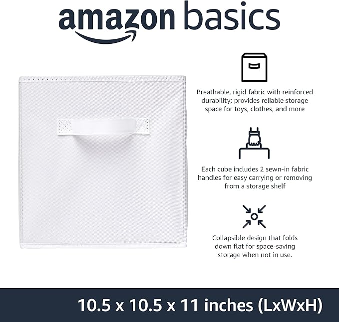 Amazon Basics Collapsible Fabric Storage Cubes Organizer with Handles, Sturdy Storage Bins, White, 10.5-x-10.5-x-11-inch, 6-P