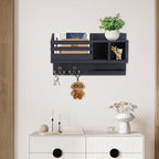 Key and Mail Holder Wall Mount, Wooden Entryway Organizer with 2 Hooks & Shelf, Compact Key Rack for Wall with Mail Organizer