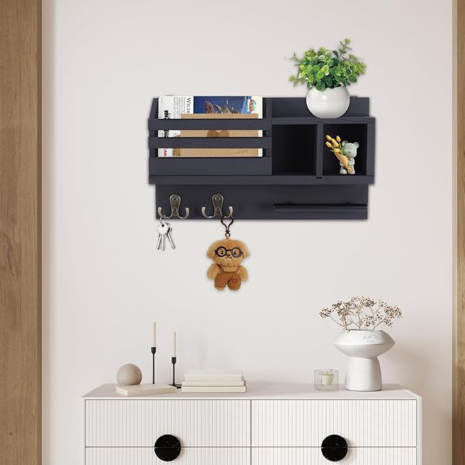 Key and Mail Holder Wall Mount, Wooden Entryway Organizer with 2 Hooks & Shelf, Compact Key Rack for Wall with Mail Organizer