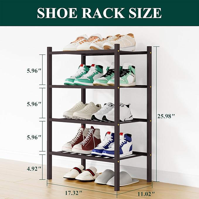 Smiry Shoe Rack, 4 Tier Small Bamboo Shoe Organizer, Stackable Free Standing Wooden Shoe Storage Shelf for Closet, Entryway, 