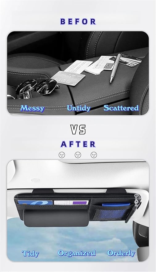 Car Visor Organizer, Multi-Pocket Sunvisor Storage with Sunglass Holder, Document Holder and Visor Card Clip, Fit for AUTO SUV & Truck, Leather Car Accessories Interior (Grey)