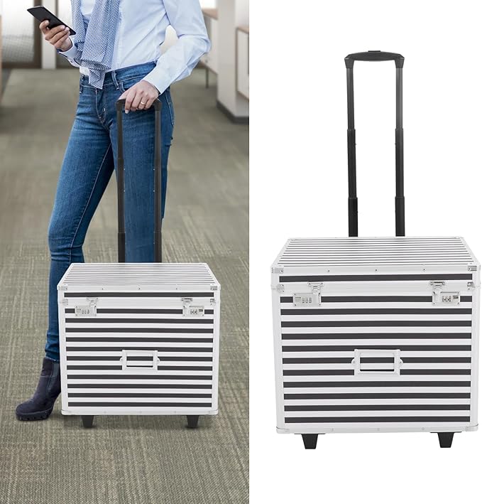 Locking File Box Aluminum Alloy Portable Storage Case with Telescopic Handle Mobile File Organizer with Combination Lock Roll