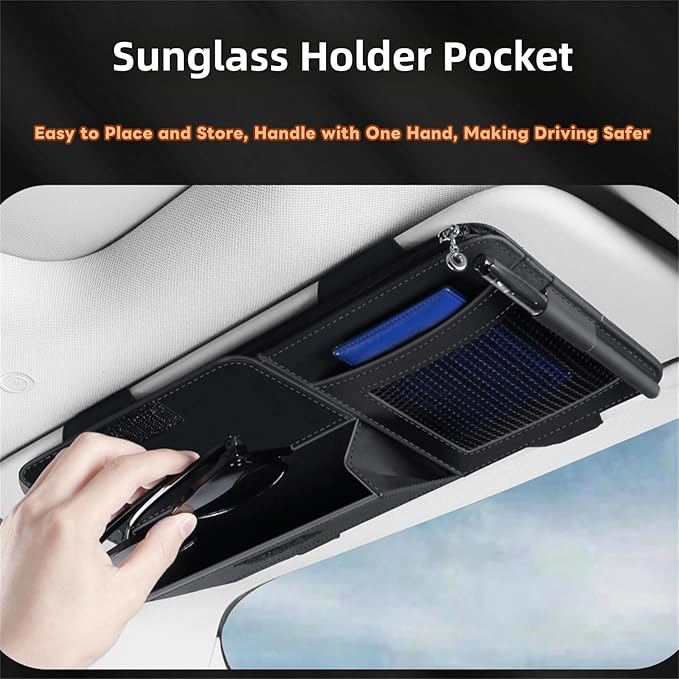 Car Visor Organizer, Multi-Pocket Sunvisor Storage with Sunglass Holder, Document Holder and Visor Card Clip, Fit for AUTO SUV & Truck, Leather Car Accessories Interior (Grey)