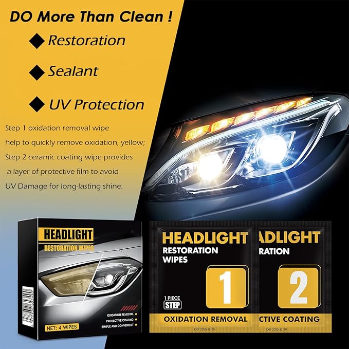 Car Headlight Restoration Kit, 2-Step Headlight Cleaner with Oxidation Removal & Ceramic Coating Wipes, Removes Oxide & Yellowing Restore Clarity, Headlight Polish Restorer Kit (2 Set)