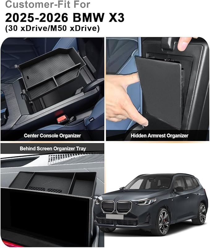 ECOZEN 2026 BMW X3 Center Console Organizer Set - 3 Pcs Center Console Organizer + Hidden Organizer Box + Behind Screen Organizer Tray For 2025-2026 BMW X3 30 xDrive/M50 xDrive Accessories