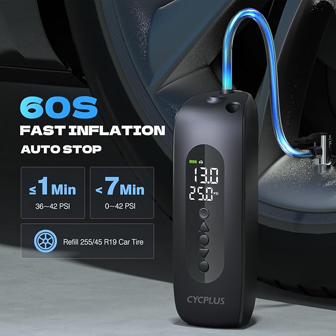 CYCPLUS Tire Inflator Portable Air Compressor, Cordless 150PSI Portable Air Pump with Accurate Pressure Dual LED Display, 2X Fast Inflation for Cars, Bikes,Motorcycle Tires, Balls, Dual-Use Type AL2