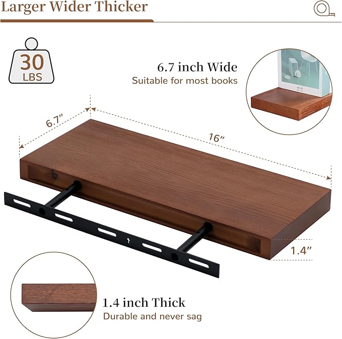 Marsmiles Wood Floating Shelves | Rustic Mahogany Wood Wall Shelves Set of 2 | 16" W x 6.7" D Wooden Floating Shelves for Bat