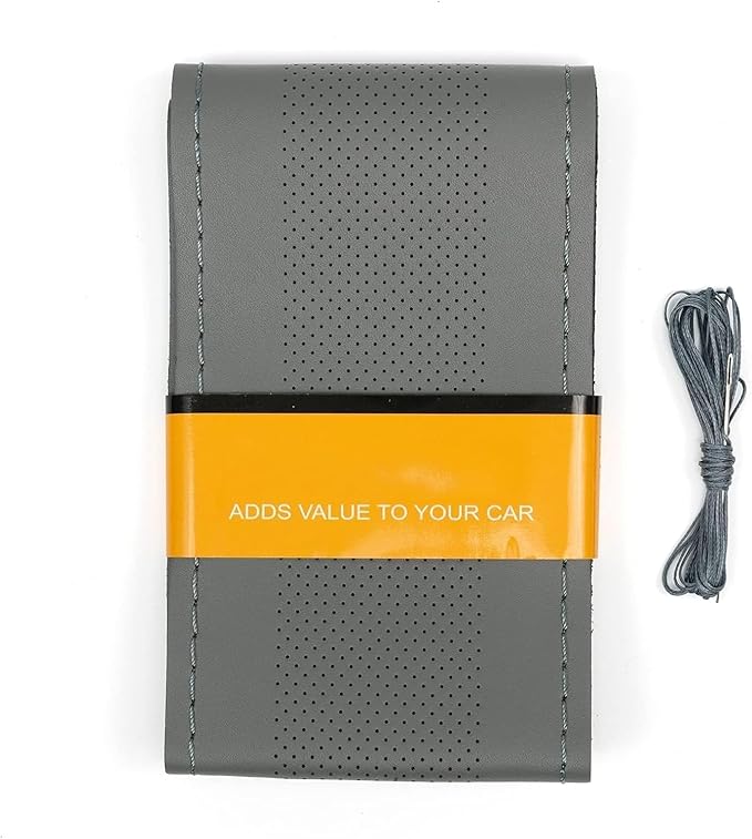 AUTOXBERT 38cm/15 Inch Genuine Leather DIY Steering Wheel Cover Soft Hand Sewing On Wrap Cover with Needles Thread fit for VW