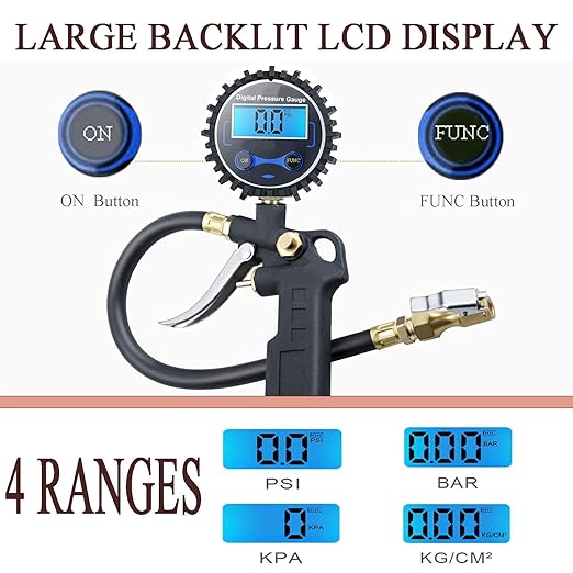 PINKJOY Digital Tire Pressure Gauge with Inflator, 250 PSI Air Chuck and Compressor Accessories Heavy Duty with Quick Connect Coupler, 0.1 Display Resolution for Car, SUV, Truck, Motorcycle, RV