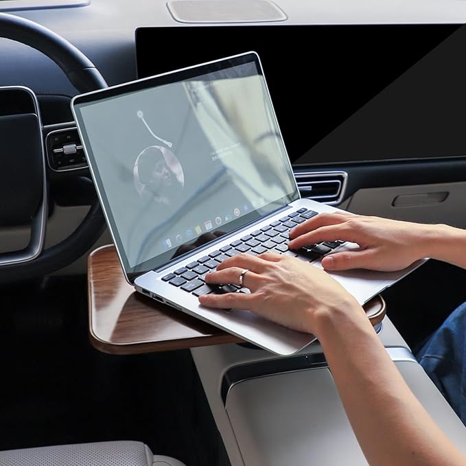 360° Rotating Wood Car Tray & Desk for Laptop - Steering Wheel Cup Holder Table, Car Accessories for Women & Men, Compatible with Tesla Model Y/3/S, Ford F150/Explorer/Maverick & Most Vehicles
