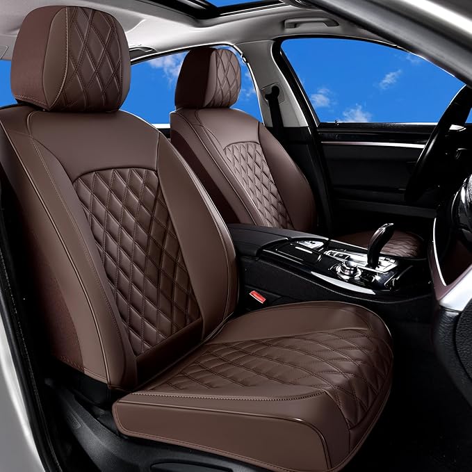 Huidasource Coffee Front Seat Cover, Nappa Leather Front Car Seat Cover, Side Elastic Fabric, Compatible with Airbags, Seat B