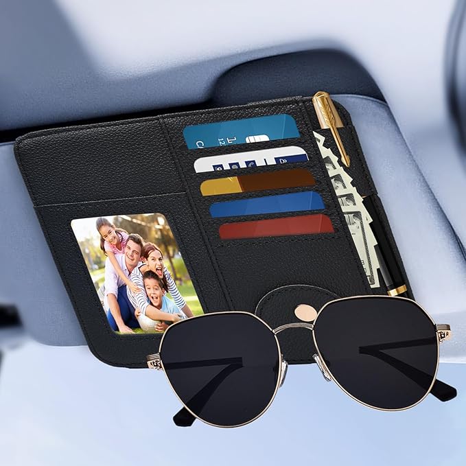 Visor Organizer, Black Sunglass Holder For Car, Sunvisor Organizers with Multiple Pockets and Picture Frame, Essential Car Interior Accessories for Women and Men
