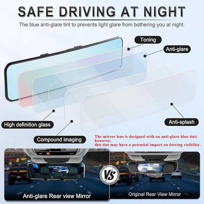 LivTee Anti Glare Rear View Mirror, Universal 11.3'' (287mm), Wide Angle Panoramic Convex Rearview Mirror, Clip-on to Original to Eliminate Blind Spot and Antiglare for Cars SUV Trucks