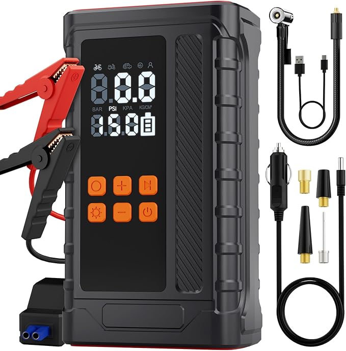 Portable Car Jump Starter with Air Compressor, 14.8V 2000 * 4mAh Battery Booster, 150PSI Tire Inflator, Power Bank & LED