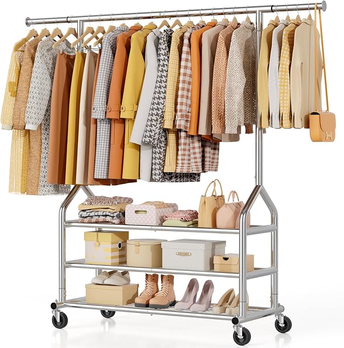 EAGMAK Heavy Duty Clothes Rack Load 688 LBS, Rolling Clothing Rack With 3 Shelves, Adjustable Metal Clothes Hanger with Wheel