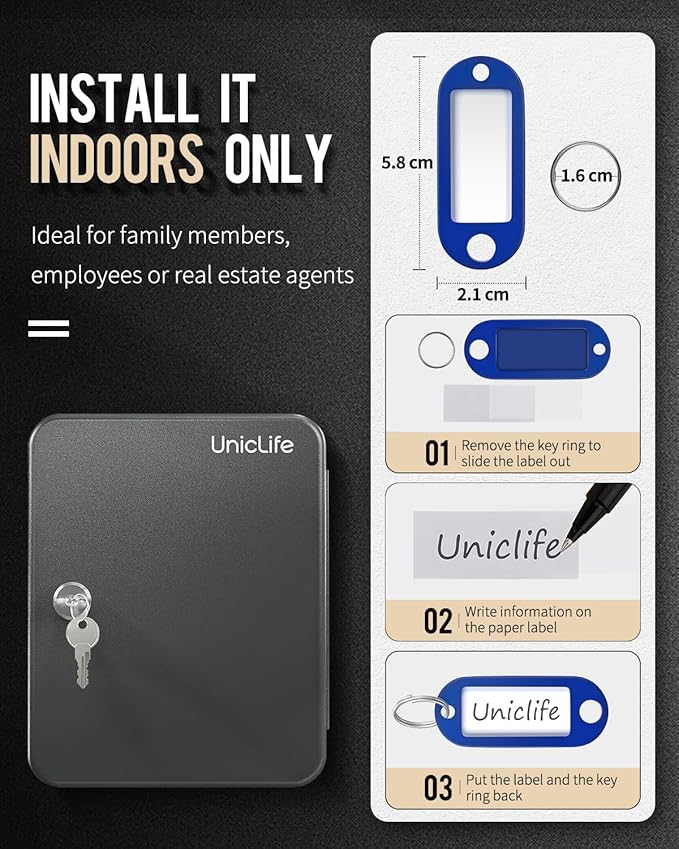 Uniclife 48-Key Steel Key Cabinet with 2 Unlocking Keys Wall Mounted Key Organizer Black Frosted Security Box with Hooks and 