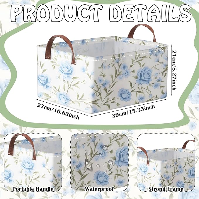Boao 3 Pcs Blue Hydrangea Bow Storage Bin Flowers Collapsible Large Storage Baskets for Gifts Canvas Laundry Basket Foldable 