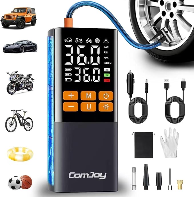 Faster Tire Inflator Portable Air Compressor, 150PSI Cordless Air Pump for Car Tires - 6000mAh & 12V DC, Rechargeable Smart Tire Pump with Digital Gauge &LED Light, Auto Shut-Off for Bike, Motor, Ball