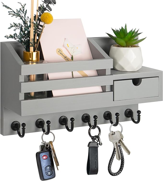 FifthQuarter Key and Mail Holder for Wall, Mail Organizer Wall Mount with 6 Hooks and Storage Drawer, Easy Installation Key R