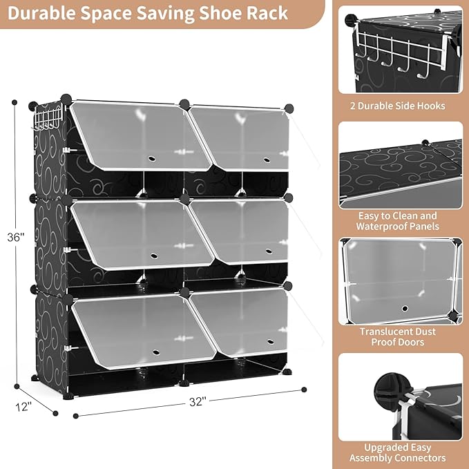 ROJASOP 6-Tier 24-Pair Expandable Shoe Rack Organizer with 2 Hooks, Black