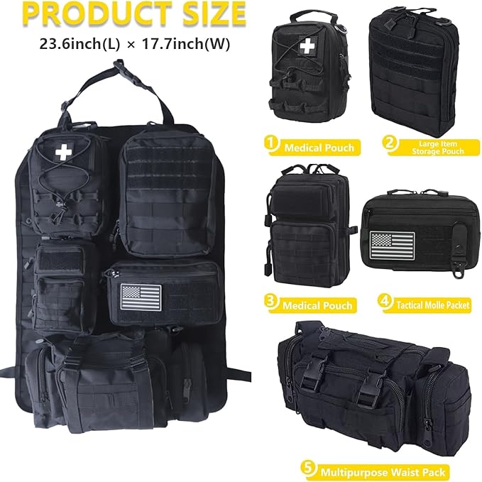 Universal Tactical Car Seat Back Organizer Bag Tactical Molle Vehicle Organizers Panel Vehicle Protector Organizers with 5 Detachable Pouches for Car Truck Ford Jeep (Model B-Black)