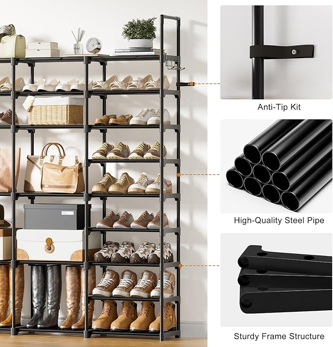 WOWLIVE 4 Row 9 Tiers Extra Large Shoe Rack 68-72 Pairs Big Tall Metal Shoe Shelf, Heavy Duty Organizer for Closet Entryway, 