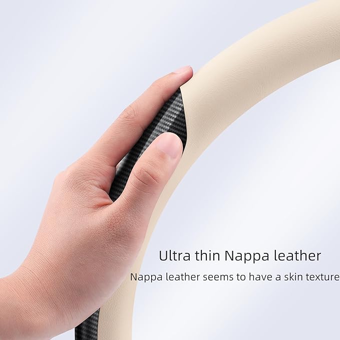 Nappa Leather car Steering Wheel Cover,Carbon Fiber Sports car Interior Non-Slip Ultrathin 15 inches Universal (White)