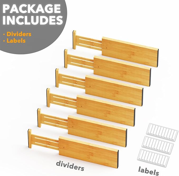 SpaceAid Bamboo Dresser Drawer Dividers 6 Pack, 4.65“ High Adjustable 12.5“-17” Drawer Organizers, Expandable Organization fo