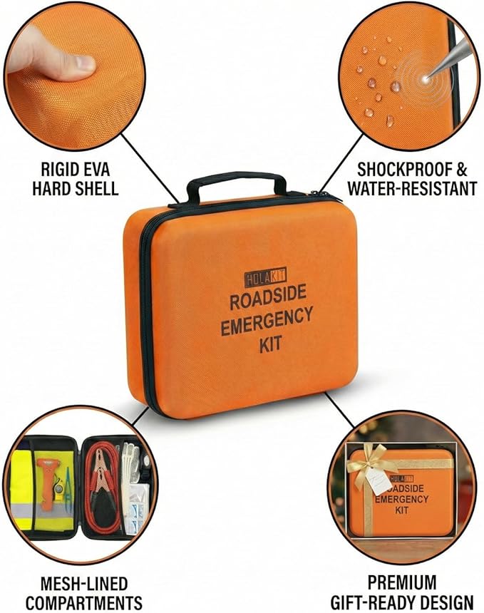HolaKit Car Emergency Kit – Roadside Safety Kit with Jumper Cables, LED Headlamp, First Aid, EVA Bag, Poncho, Safety Vest & M