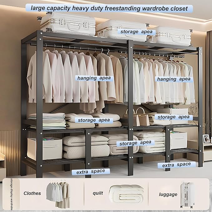 95.3in Heavy Duty Foldable Wardrobe with Cover, Portable Closets for Hanging Clothes, Load 1200lbs, Large Capacity Freestandi