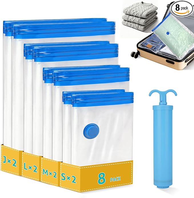 8 Pack Travel Vacuum Storage Bags 4 Size(24/28/32/40 Inch), Portable Vacuum Seal Bags for Clothing Travel with Pump, Space Sa