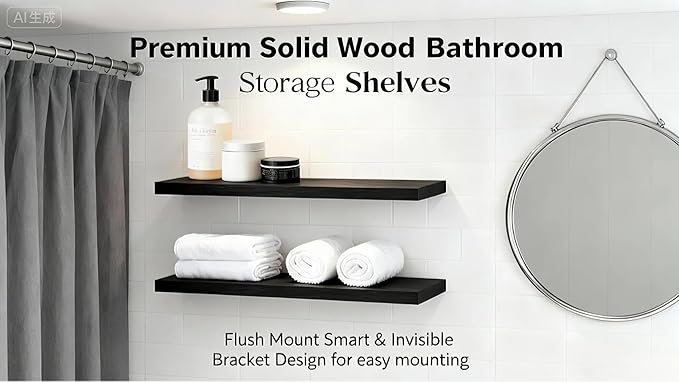 ROGMARS 36 Inches Long Black Floating Shelves,Rustic Solid Wood Farmhouse Wall Shelves with Invisible Brackets for Bathroom, 