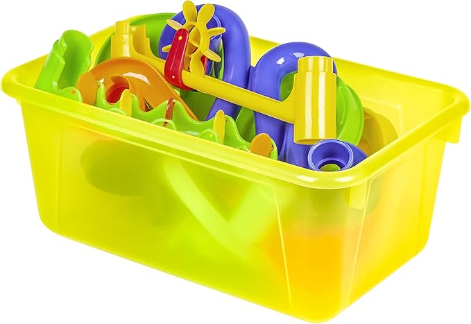 Storex Small Cubby Bins – Plastic Storage Containers for Classroom with Non-Snap Lid, 12.2 x 7.8 x 5.1 inches, Tint Yellow, 5