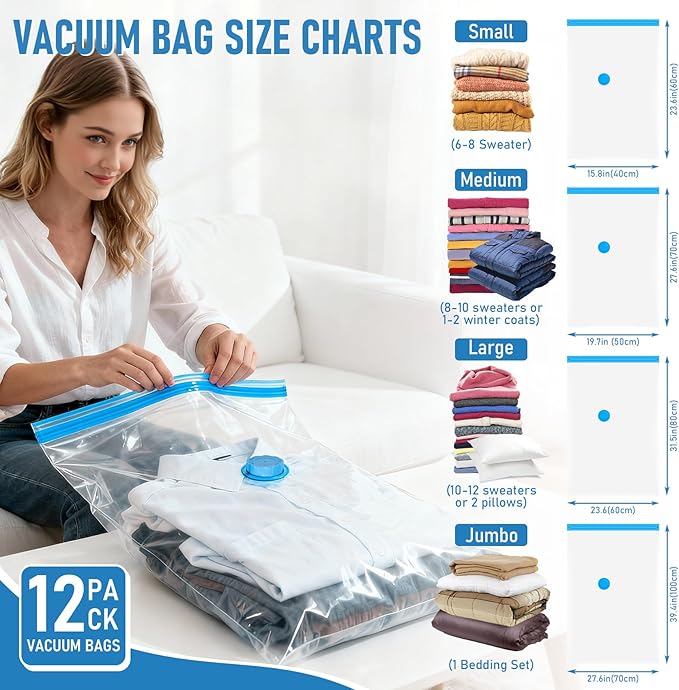Vacuum Seal Bags for Clothing Travel with Rechargeable Air Pump, 12 Pack of 4 Carry-on Size Space Saver Vacuum Storage Bags, 