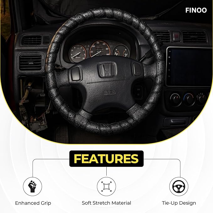Black Lace-On Steering Wheel Cover, 14–15 Inch Universal Fit, Retro Classic Style for Cars Trucks SUVs, Stretch Grip,Accessor