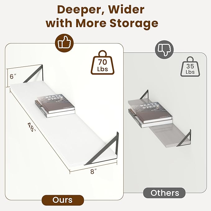 Floating Shelves for Wall,48" Wx8 D Wood Wall Shelves,Hanging Storage Floating Shelf with Metal Brackets,Wide Floating Booksh