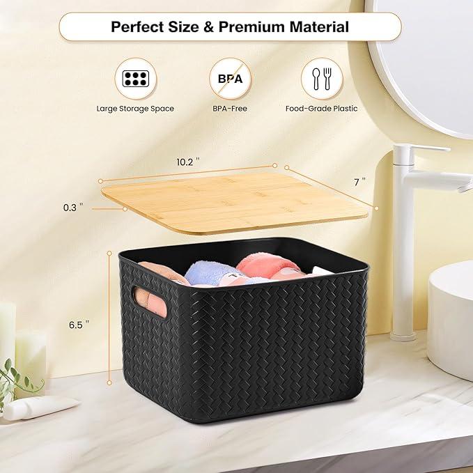 Ohmlove 4 Packs Storage Bins with Bamboo Lids - Plastic Storage Containers with Lids Stackable Storage Box: Storages Baskets 