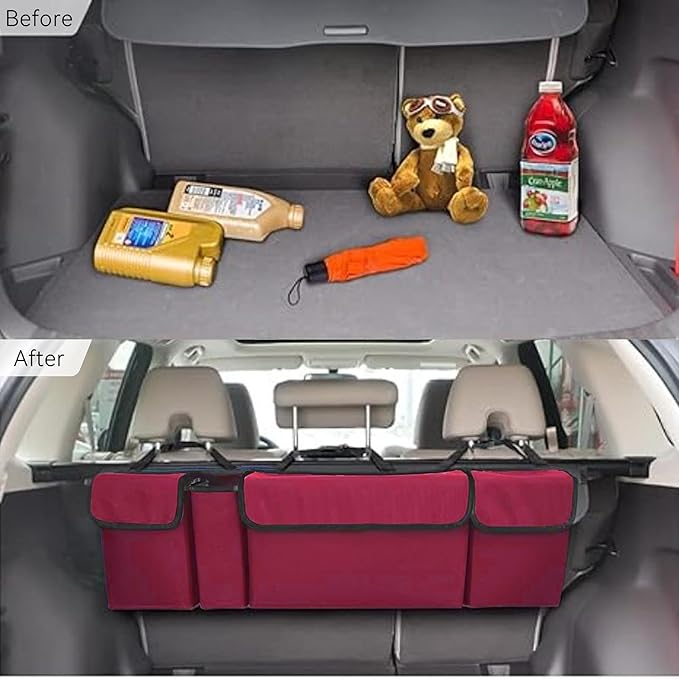 Car Trunk Organizer, Backseat Hanging Large Storage with Adjustable Straps,Waterproof PVC Collapsible Cargo Bag, Car Interior