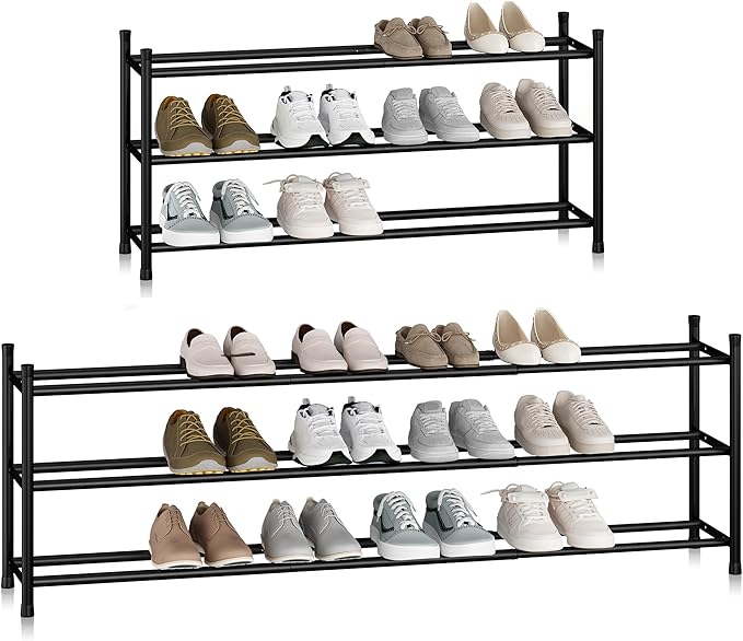 STORAGE MANIAC Long Expandable Shoe Rack, 18 Pairs Metal Wide Stackable Shoe Rack, Adjustable Shoes Shelf, Freestanding Shoes