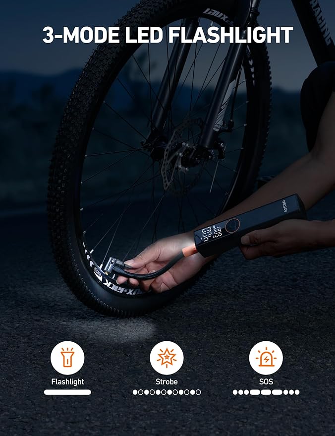 AstroAI L8 Electric Bike Pump, Portable Bicycle Tire Inflator with Pressure Gauge and Auto Shut-Off, 150 PSI Powerful Motor Mini Air Pump for Road, Mountain & E-Bike with Presta and Schrader Valves