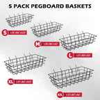 5-Piece Pegboard Baskets Set - Heavy Duty Peg Board Organizer Accessories Bin Set, Premium Black Metal Wire Baskets Tool Shel