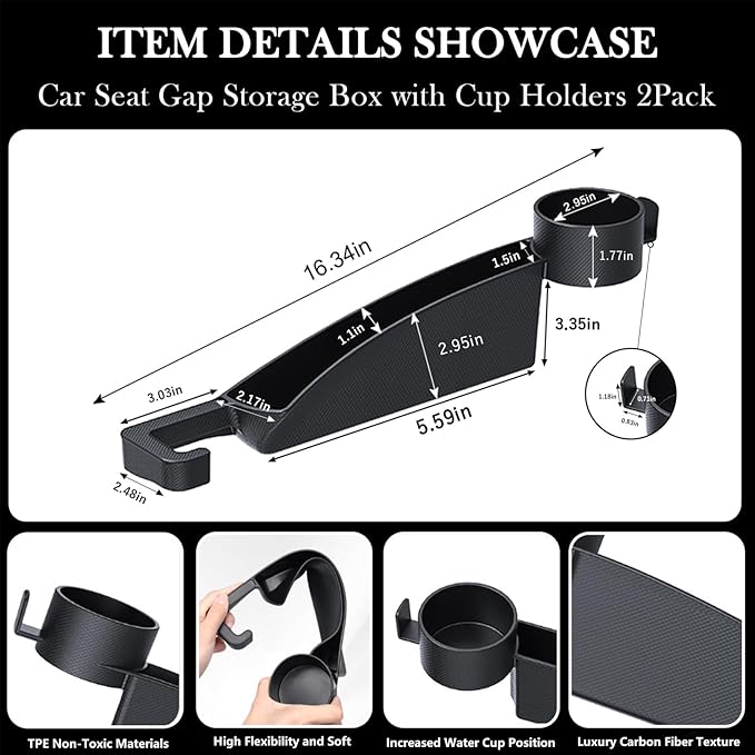 Car Seat Gap Filler Set of 2, Upgraded Car Side Seat Gap Fillers with Organizer, Cup Holder & Hook Function, Inserts Between Front Seats Console Catcher 4in1 Gap Stopper Fill Plug Storage Box (Black)