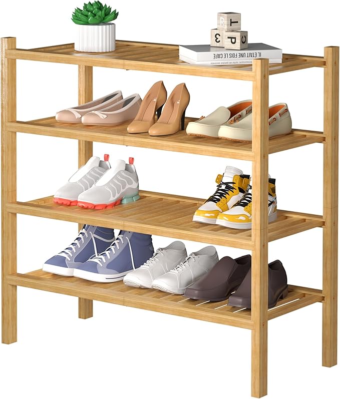 ROMGUAR CRAFT 4 Tier (Thick) Bamboo Shoe Rack for Closet Free Standing Wood Shoe Shelf for Entryway Small Space Stackable 27"