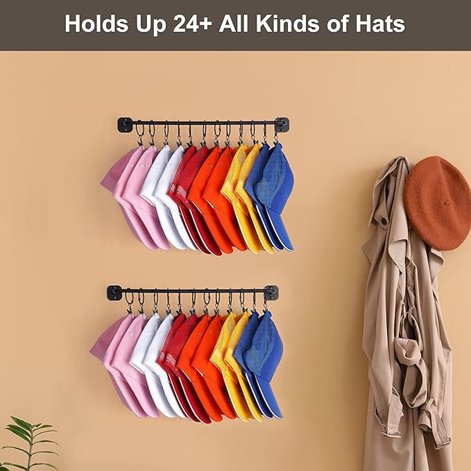 Hat Rack for Wall 24 Baseball Caps Modern Metal Hat Organizer with 24 Clips Hat Holder Wall-Mounted Storage Display for Close
