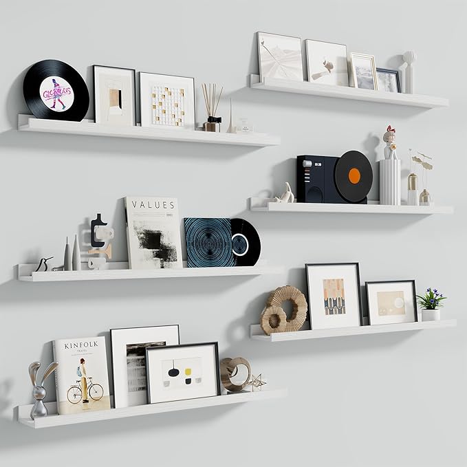 Fun Memories Picture Ledge Shelf, 48 Inch Long Floating Shelves Set of 6, Picture Shelf for Wall with Lip, Large Nursery Book