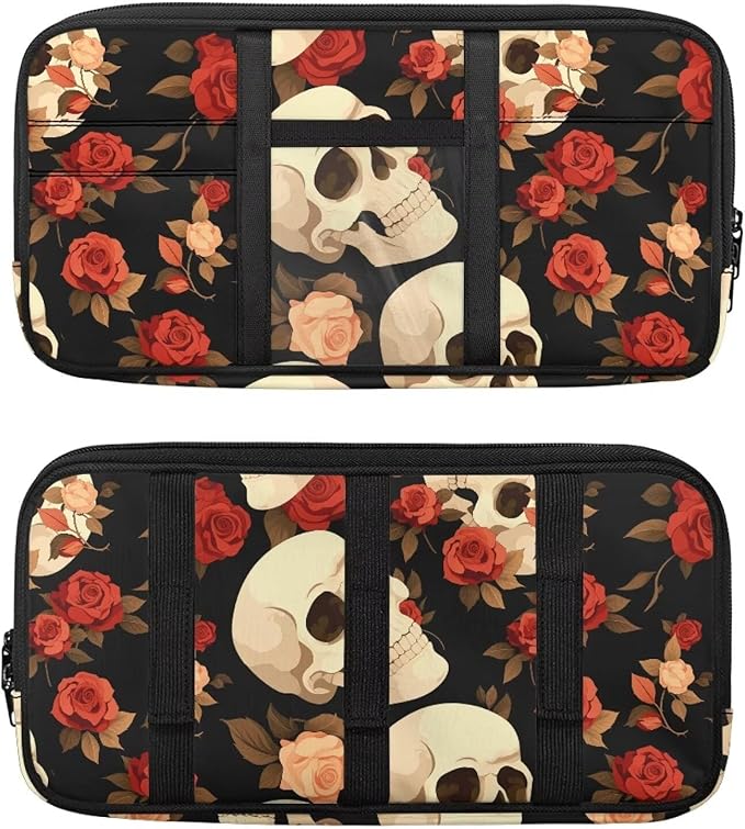 Car Sun Visor Organizer,Rose Skull Car Sun Storage Pocket Pouch Case Bag with Double Zippers Truck SUV Storage Pouch Holde