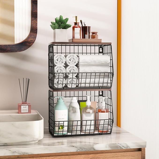 Wawocs Fruit Basket for Kitchen Counter 2 Tier Fruit Bowl, Stackable Wall Mounted Hanging Fruit Basket Wire Baskets with Wood