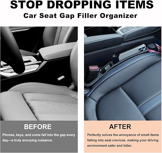 Car Seat Gap Filler Organizer 2 Pack with Hook & Emergency Window Breaker, 3-in-1 Safety Seat Gap Filler Prevents Phone Keys from Falling, Dual Storage, Includes 2 Sunglass Holders (Black)